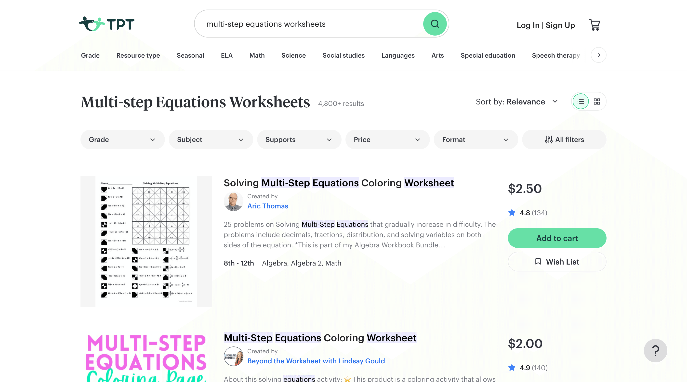 TPT Multi-Step Equations Worksheets